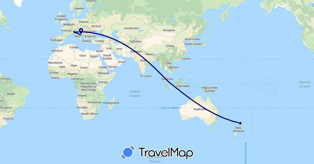 TravelMap itinerary: driving in Croatia, Italy, New Zealand, Singapore (Asia, Europe, Oceania)