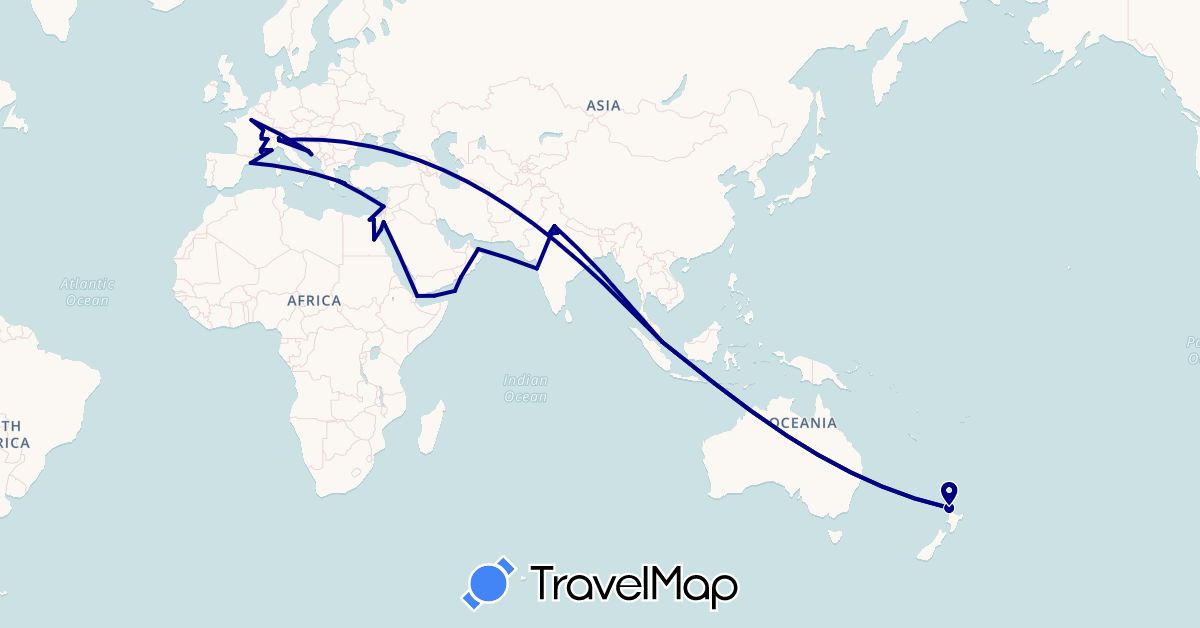 TravelMap itinerary: driving in Djibouti, Egypt, Spain, France, Greece, Croatia, Israel, India, Italy, Jordan, New Zealand, Oman, Singapore (Africa, Asia, Europe, Oceania)